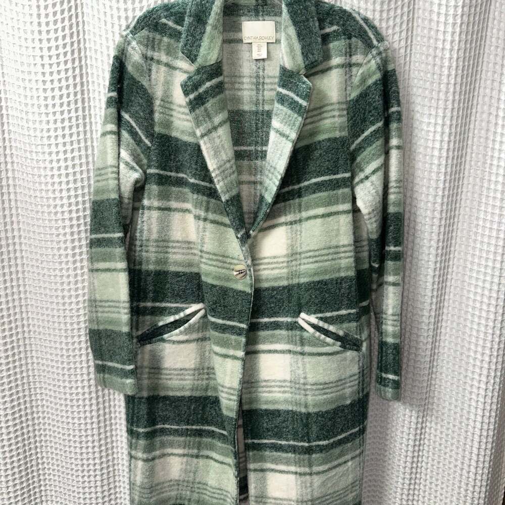 Cynthia Rowley Green and Ivory Plaid Longline Notch Lapel Overcoat